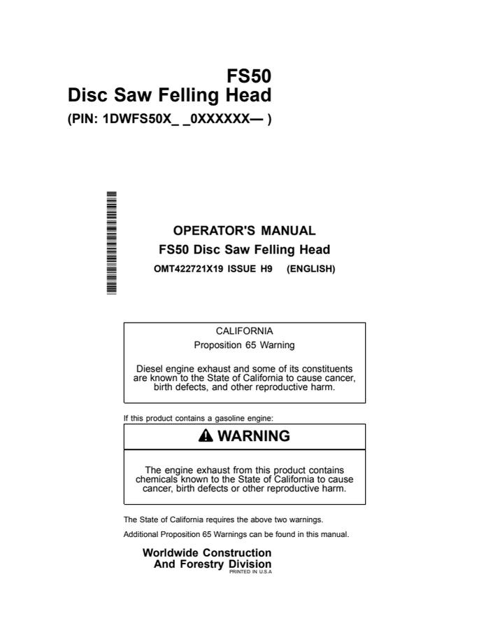 John Deere FS50 Felling head Operator manual OMT422721X19 — actual manual cover