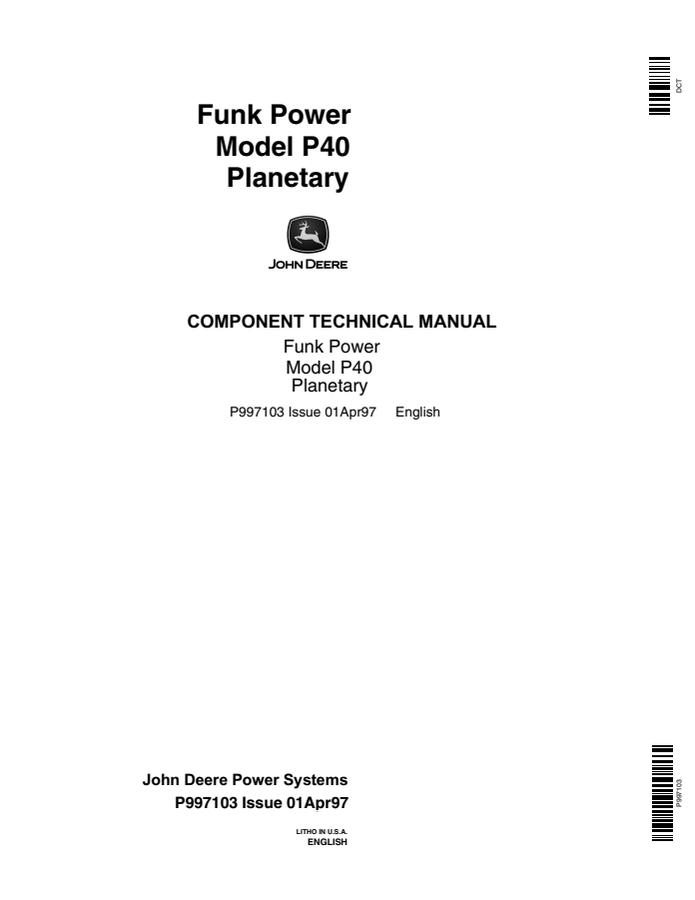 John Deere Funk Power Model P40 Planetary Transmission Component Technical Manual — actual manual cover