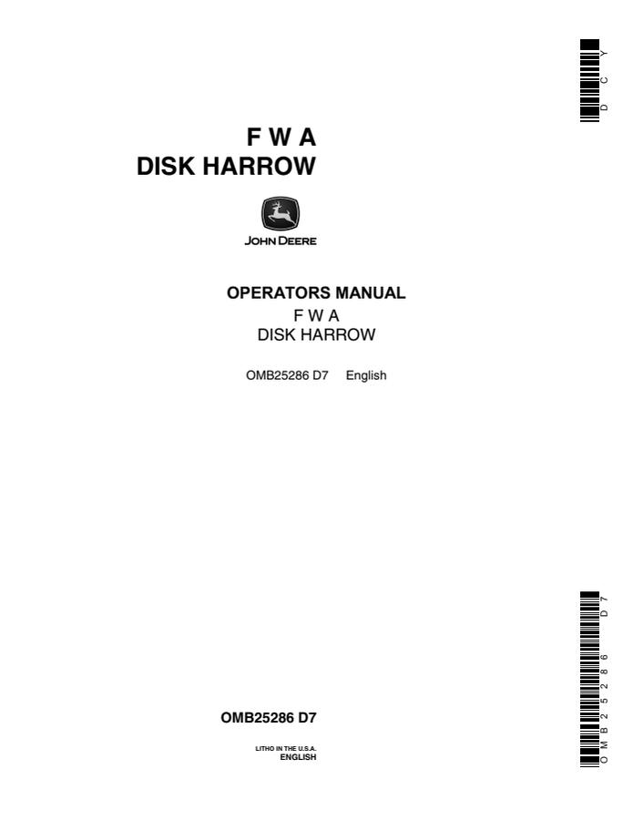 John Deere FWA Disk harrow Operator manual OMB25286 — actual manual cover
