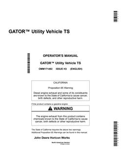 John Deere Gator TS Utility vehicle Operator Manual OMM171492 — actual manual cover
