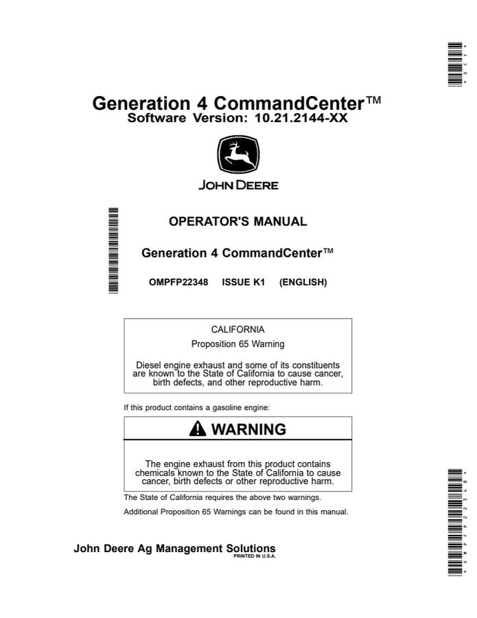 John Deere Generation 4 CommandCenter Display system Operator manual OMPFP22348 — actual manual cover