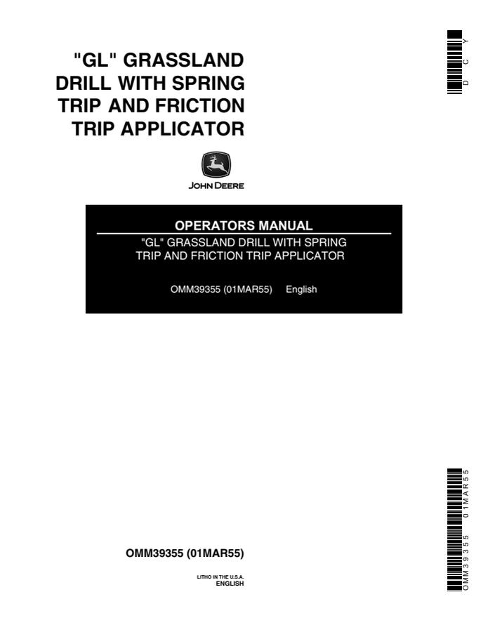 John Deere GL Grassland drill Operator manual OMM39355 — actual manual cover