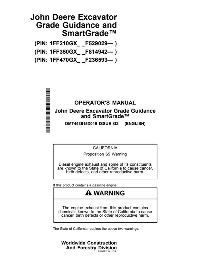 John Deere Grade Guidance; SmartGrade Excavator grade guidance system Operator manual OMT443615X019 — actual manual cover
