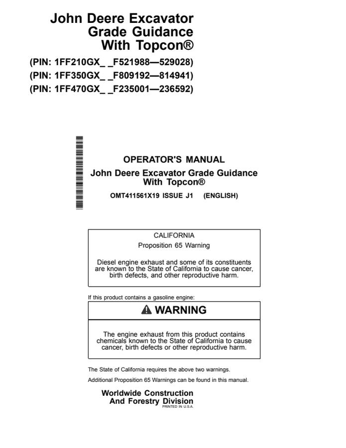 John Deere Grade Guidance with Topcon Excavator grade guidance system Operator manual OMT411561X19 — actual manual cover