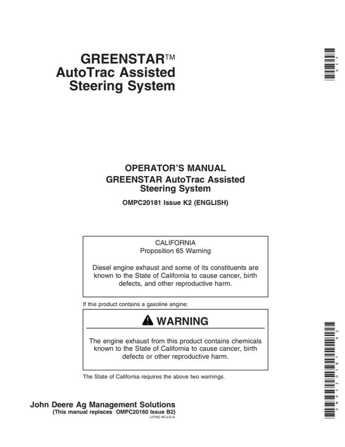 John Deere GreenStar AutoTrac Assisted steering system Operator manual OMPC20181 — actual manual cover
