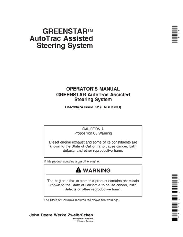 John Deere GreenStar AutoTrac Assisted steering system Operator manual OMZ93474 — actual manual cover