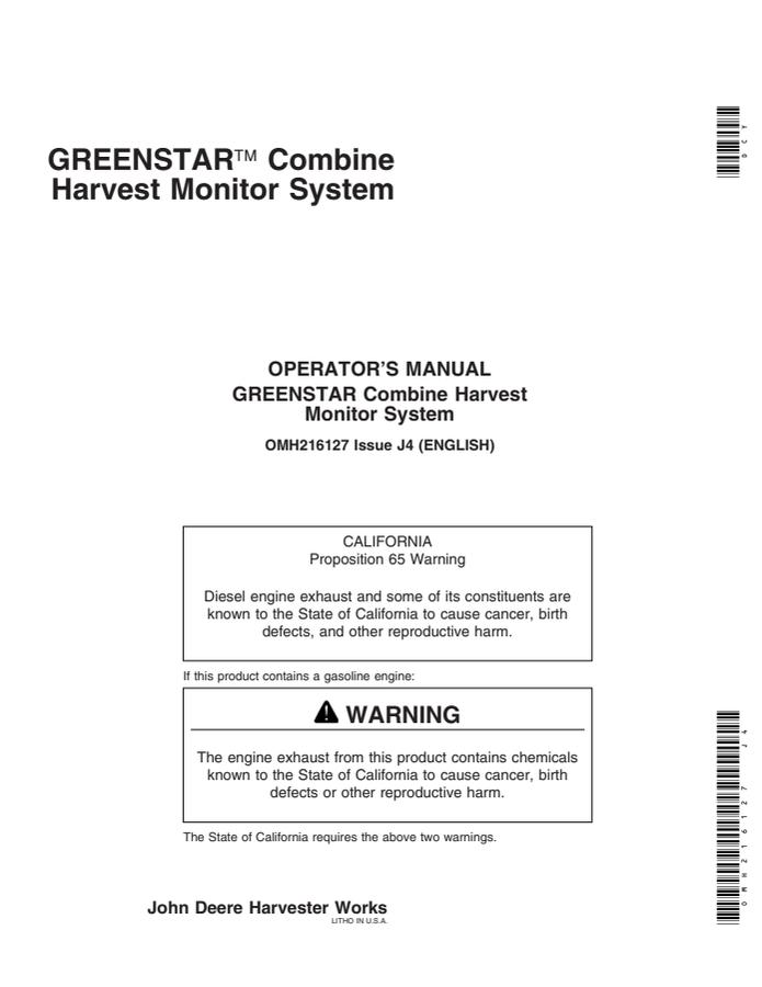 John Deere GreenStar Combine Harvest monitor system Operator manual OMH216127 — actual manual cover