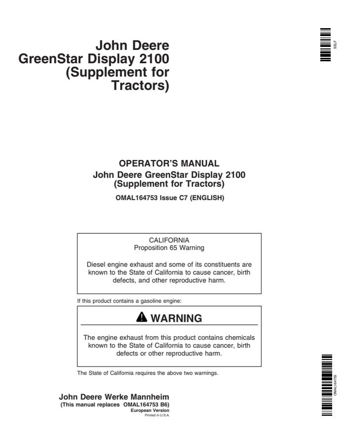 John Deere GreenStar Display 2100 Display system Operator manual OMAL164753 — actual manual cover