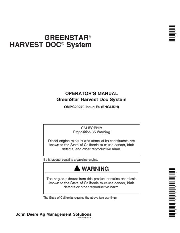 John Deere GreenStar Harvest Doc Harvest data system Operator manual OMPC20279 — actual manual cover