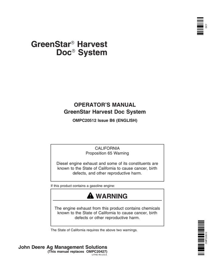 John Deere GreenStar Harvest Doc Harvest data system Operator manual OMPC20512 — actual manual cover