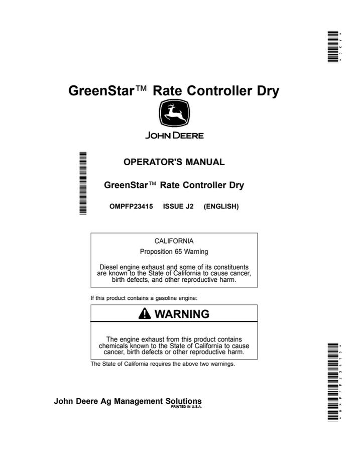 John Deere GreenStar Rate Controller Dry Agricultural rate controller Operator's manual OMPFP23415 — actual manual cover