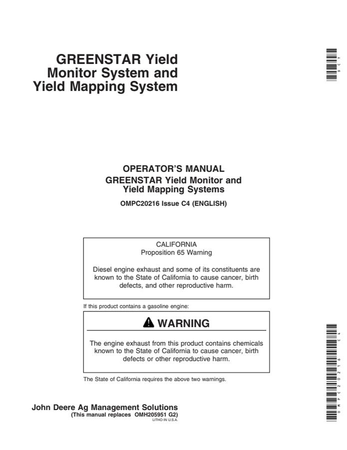 John Deere GreenStar Yield monitor and mapping system Operator manual OMPC20216 — actual manual cover