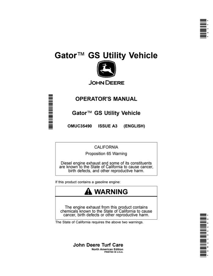 John Deere GS Utility vehicle Operator manual OMUC35490 — actual manual cover
