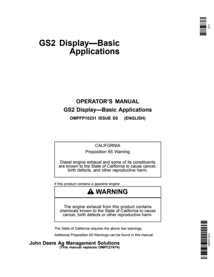 John Deere GS2 Display Display system Operator manual OMPFP10231 — actual manual cover