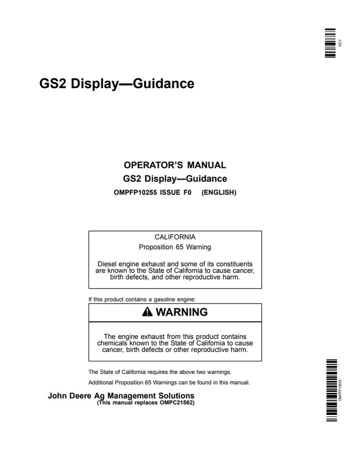John Deere GS2 Display Guidance Display system Operator manual OMPFP10255 — actual manual cover