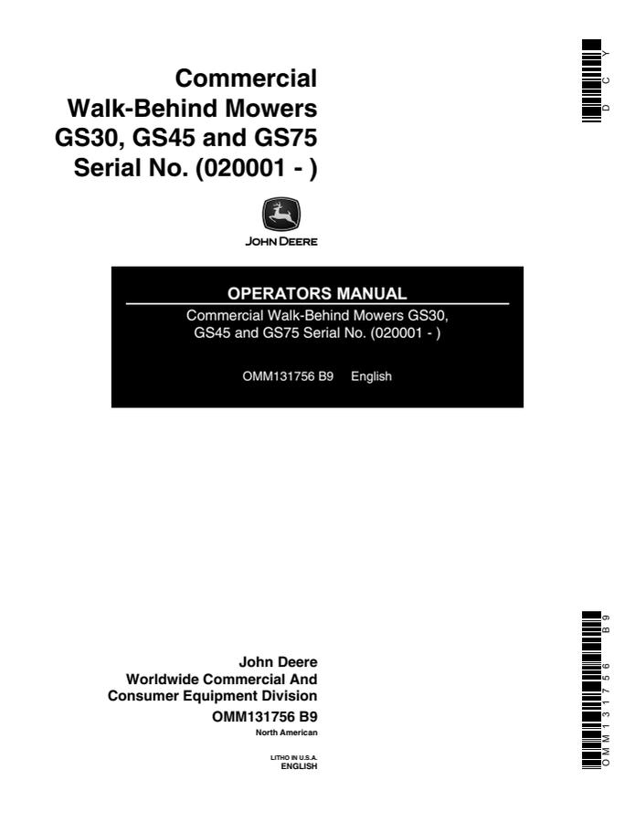 John Deere GS30; GS45; GS75 Walk-behind mower Operator manual OMM131756 — actual manual cover