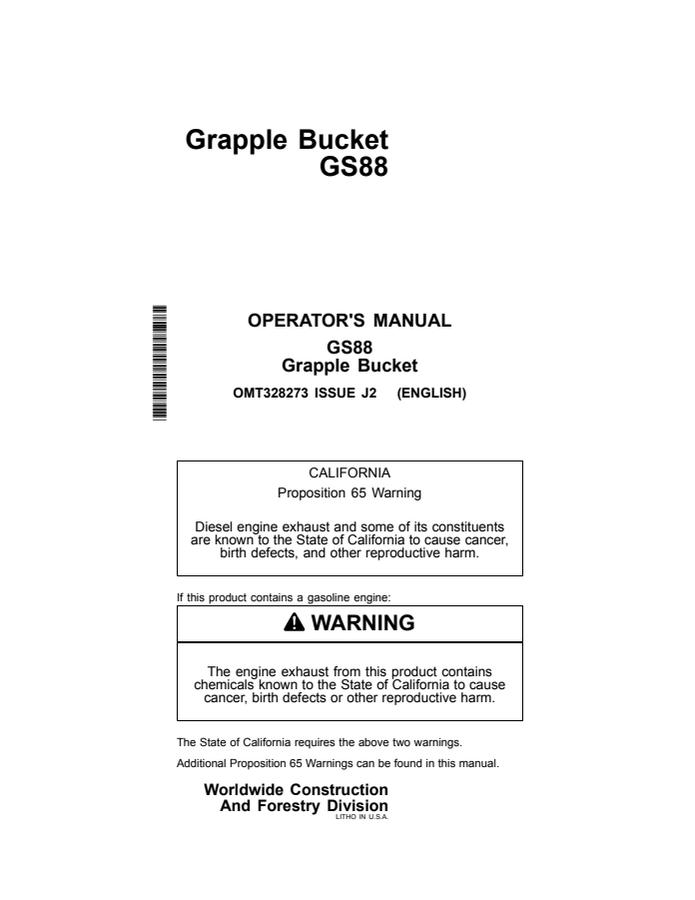 John Deere GS88 Grapple bucket Operator manual OMT328273 — actual manual cover