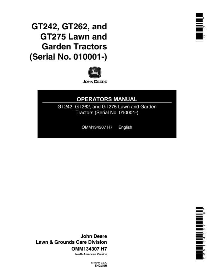 John Deere GT242; GT262; GT275 Garden tractor Operator manual OMM134307 — actual manual cover