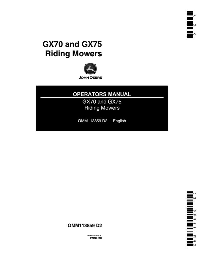 John Deere GX70; GX75 Riding mower Operator manual OMM113859 — actual manual cover