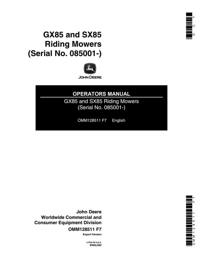 John Deere GX85; SX85 Riding mower Operator manual OMM128511 — actual manual cover