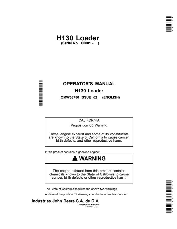 John Deere H130 Loader Operator manual OMW56750 — actual manual cover