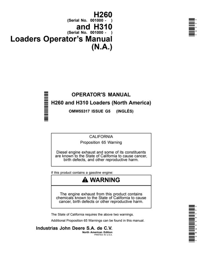 John Deere H260; H310 Loader Operator manual OMW55317 — actual manual cover