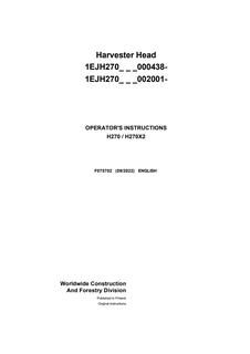 John Deere H270; H270X2 Harvester head Operator instructions F075702 — actual manual cover