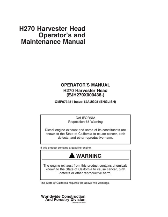 John Deere H270 Harvester head Operator manual OMF073481 — actual manual cover