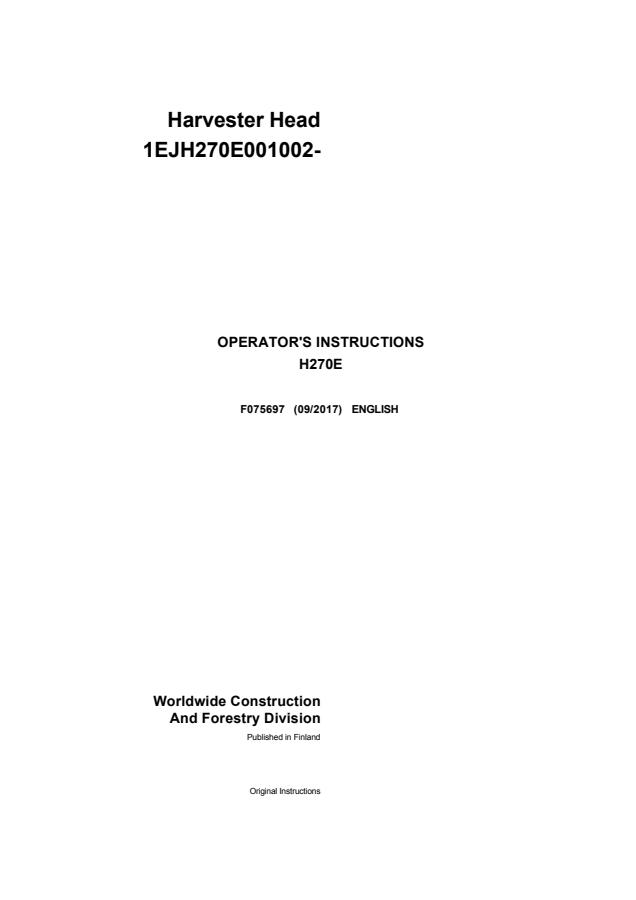 John Deere H270E Harvester head Operator instructions F075697 — actual manual cover