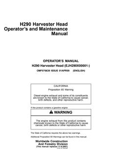 John Deere H290 Harvester Head Operator and Maintenance Manual OMF070639 — actual manual cover