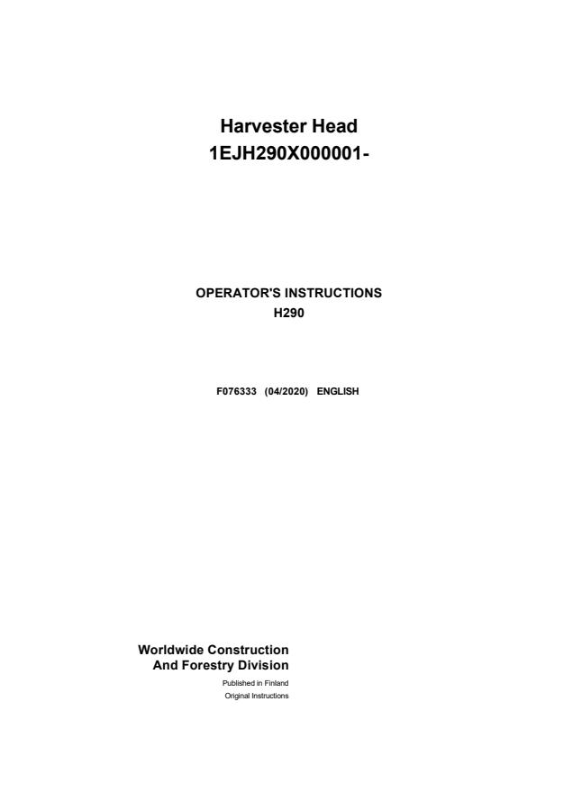 John Deere H290 Harvester head Operator instructions F076333 — actual manual cover