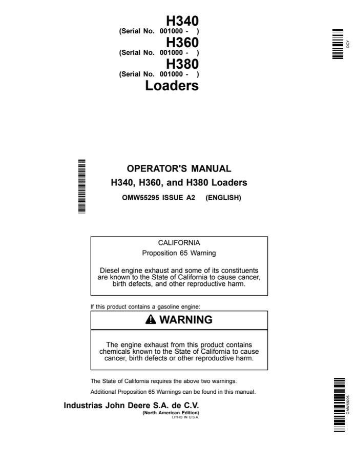 John Deere H340; H360; H380 Loader Operator manual OMW55295 — actual manual cover