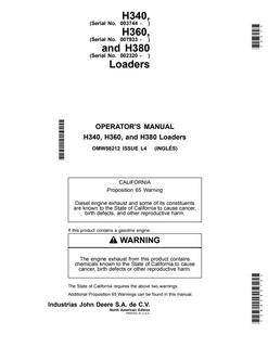 John Deere H340; H360; H380 Loader Operator manual OMW58212 — actual manual cover