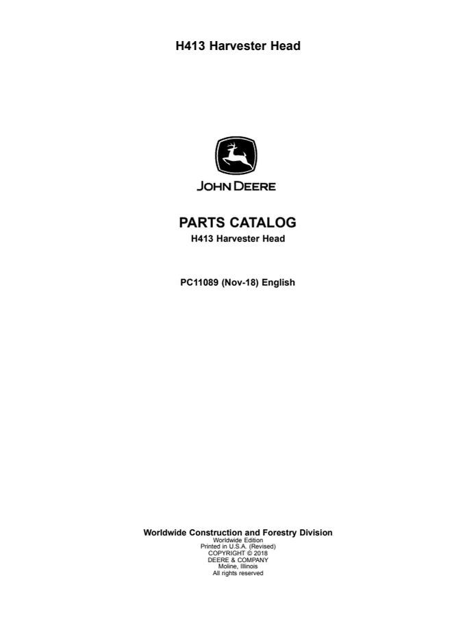 John Deere H413 Harvester Head Parts Catalog — actual manual cover