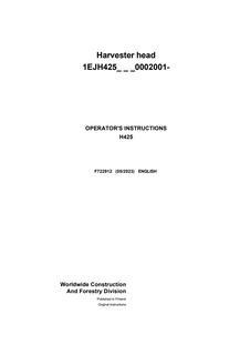 John Deere H425 Harvester head Operator instructions F722912 — actual manual cover