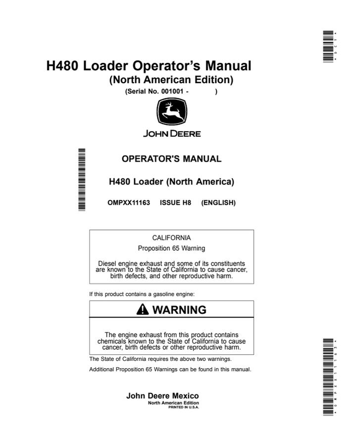 John Deere H480 Loader Operator manual OMPXX11163 — actual manual cover