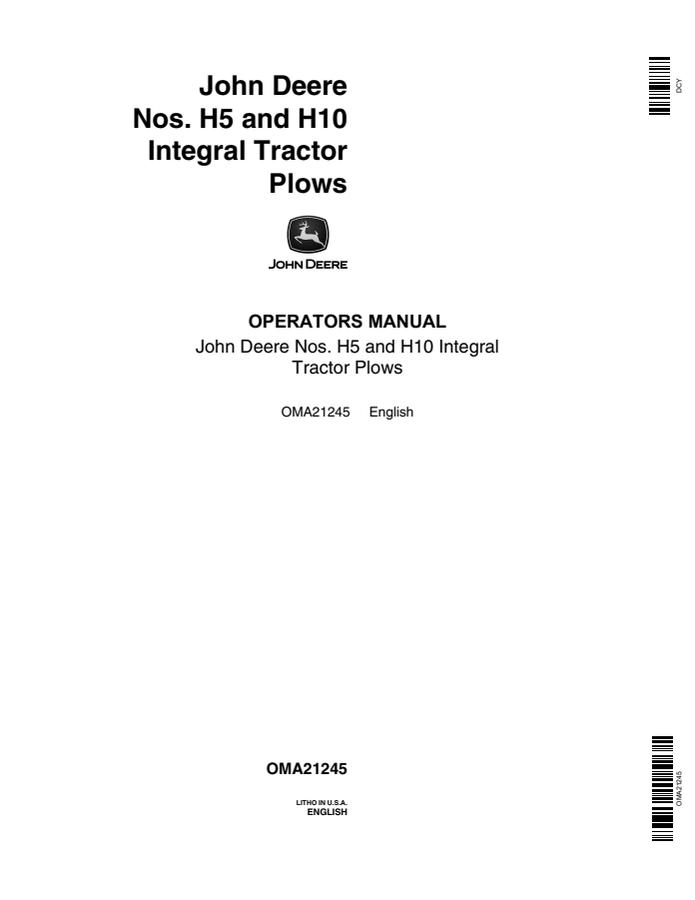 John Deere H5, H10 Integral tractor plow Operator Manual OMA21245 — actual manual cover