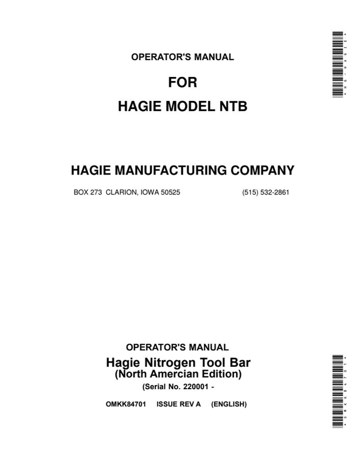 John Deere Hagie Model NTB Nitrogen tool bar Operator manual OMKK84701 — actual manual cover