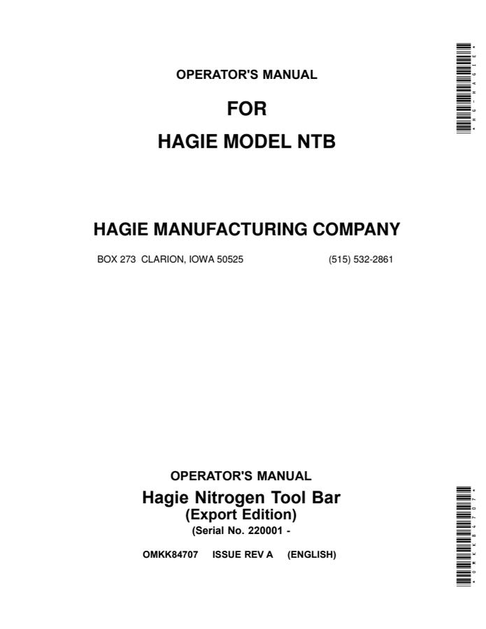 John Deere Hagie Model NTB Nitrogen tool bar Operator manual OMKK84707 — actual manual cover