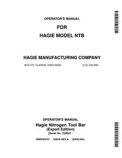 John Deere Hagie Model NTB Nitrogen tool bar Operator manual OMKK84707 — actual manual cover