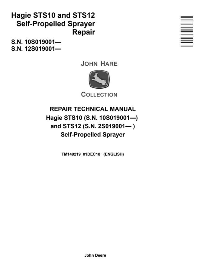 John Deere Hagie STS10, STS12 Self-Propelled Sprayer Repair Technical Manual TM149219 — actual manual cover