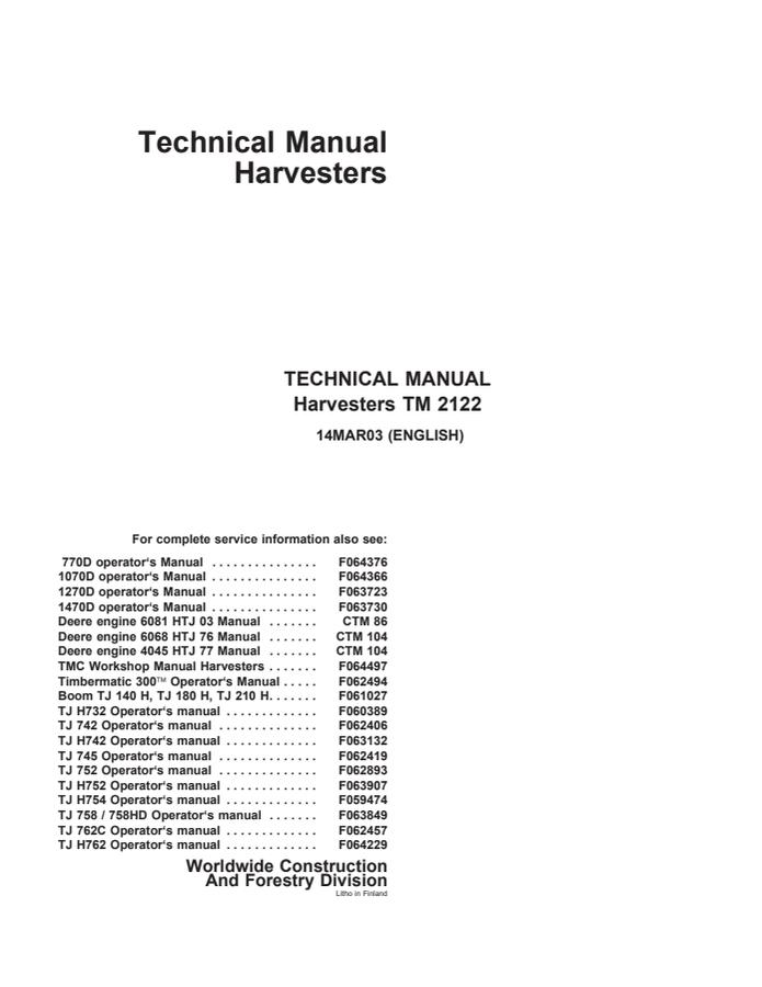 John Deere Harvesters Harvester Technical Manual TM2122 — actual manual cover