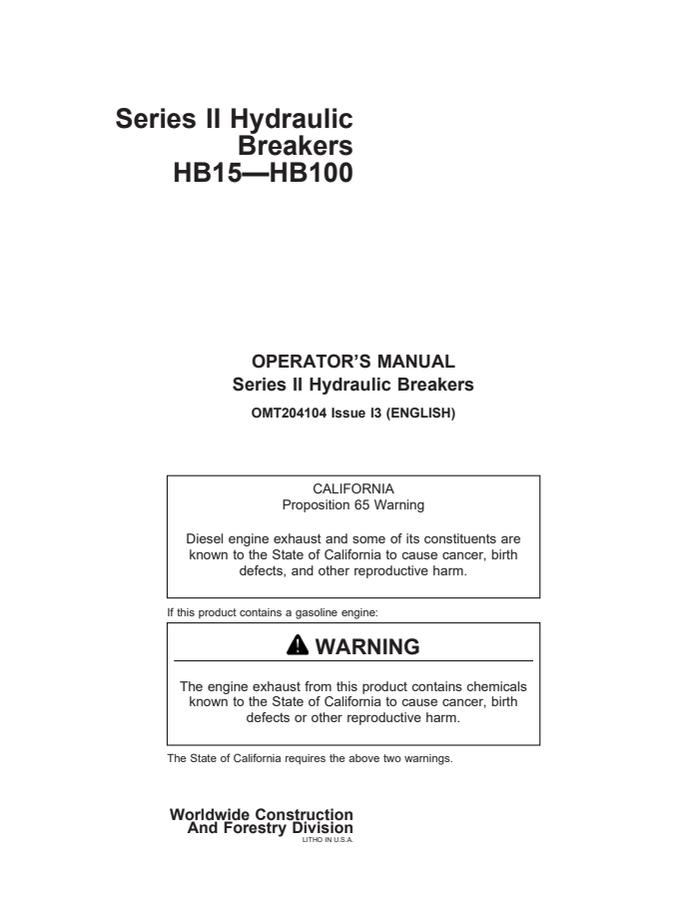 John Deere HB15–HB100 Hydraulic breaker Operator manual OMT204104 — actual manual cover