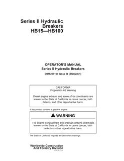 John Deere HB15–HB100 Hydraulic breaker Operator manual OMT204104 — actual manual cover