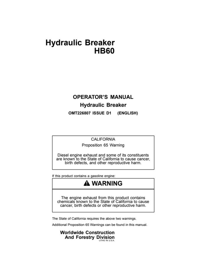 John Deere HB60 Hydraulic breaker Operator manual OMT226807 — actual manual cover