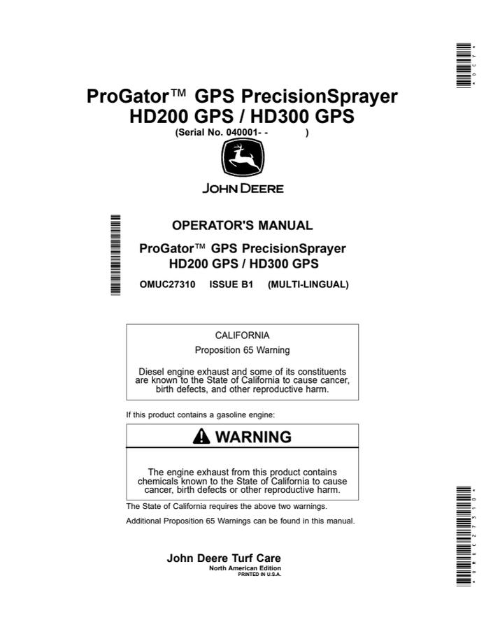 John Deere HD200 GPS; HD300 GPS GPS sprayer Operator manual OMUC27310 — actual manual cover