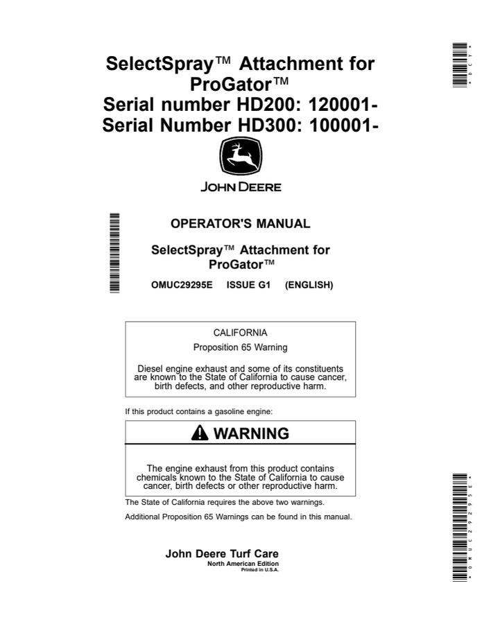 John Deere HD200; HD300 Sprayer attachment Operator manual OMUC29295E — actual manual cover
