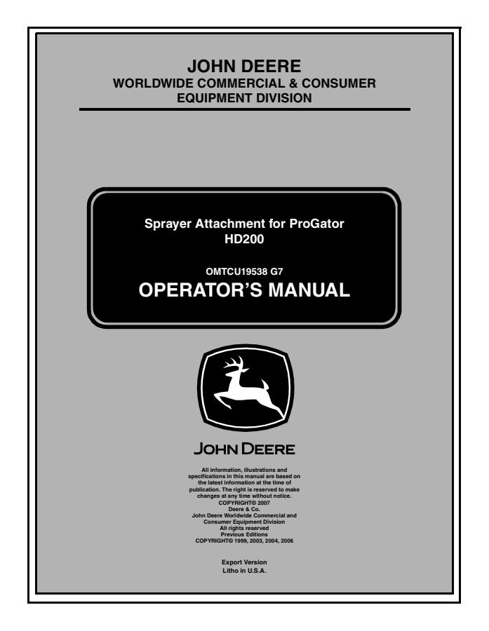 John Deere HD200 Sprayer attachment Operator manual OMTCU19538 — actual manual cover