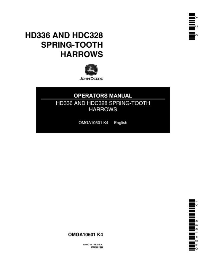 John Deere HD336; HDC328 Spring-tooth harrow Operator manual OMGA10501 — actual manual cover