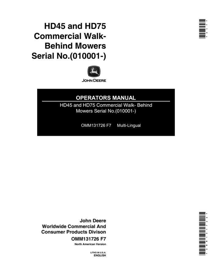John Deere HD45; HD75 Walk-behind mower Operator manual OMM131726 — actual manual cover